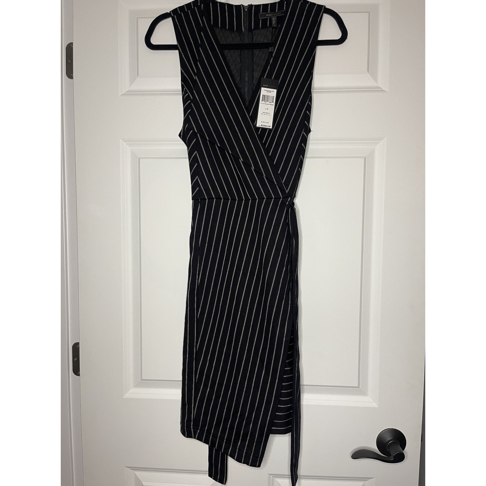 Bcbg Maxazria Black Pinstripe Crossover Dress With Belt Small Nwt Retail 238